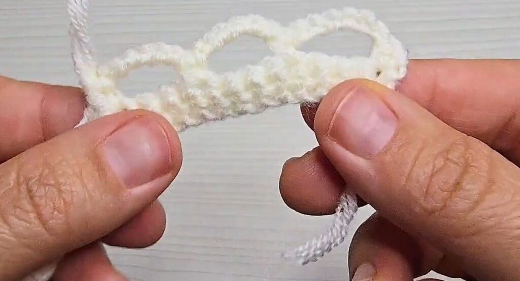Row of chain 6 arches along the white strip of a crochet rose with stem