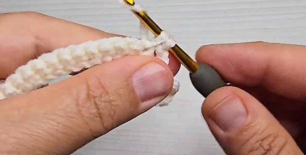Chain 6 arch being anchored with single crochet on the white strip