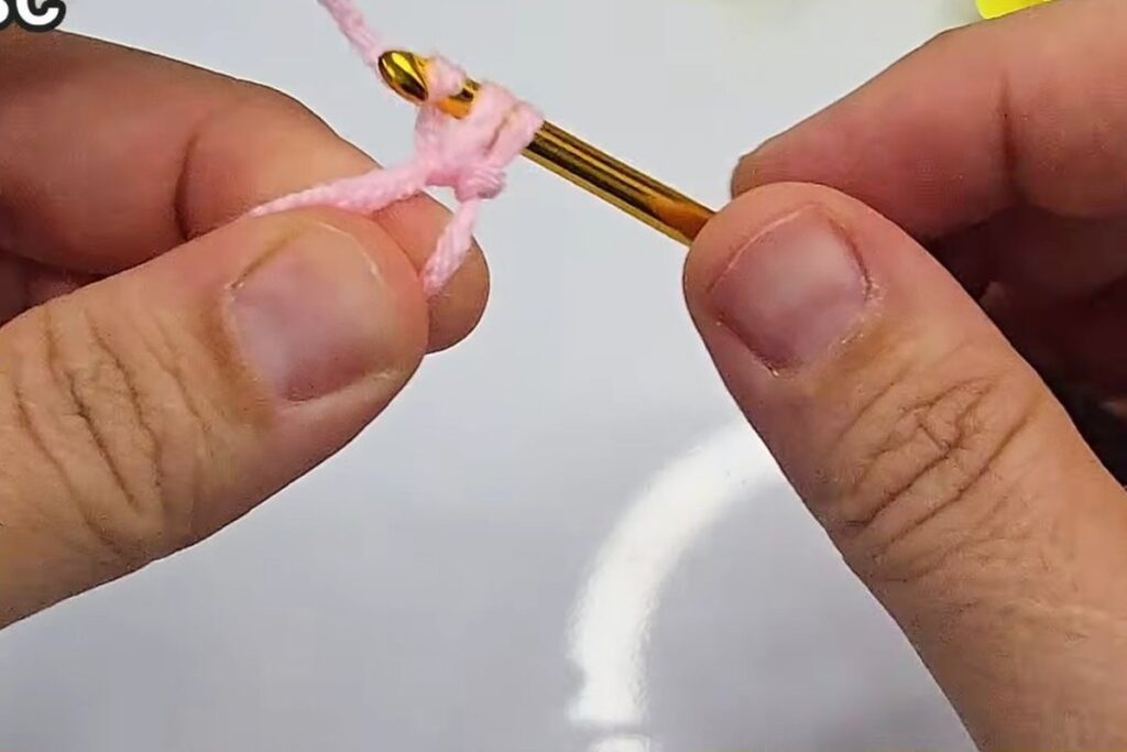 Six single crochet worked into a pink magic ring