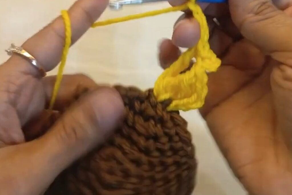 First petal of the crochet sunflower with a picot tip