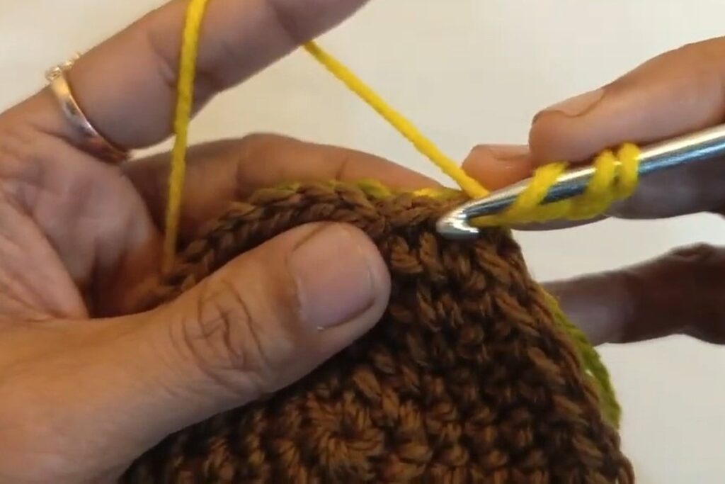 Working treble crochet for the first petal of the crochet sunflower pattern