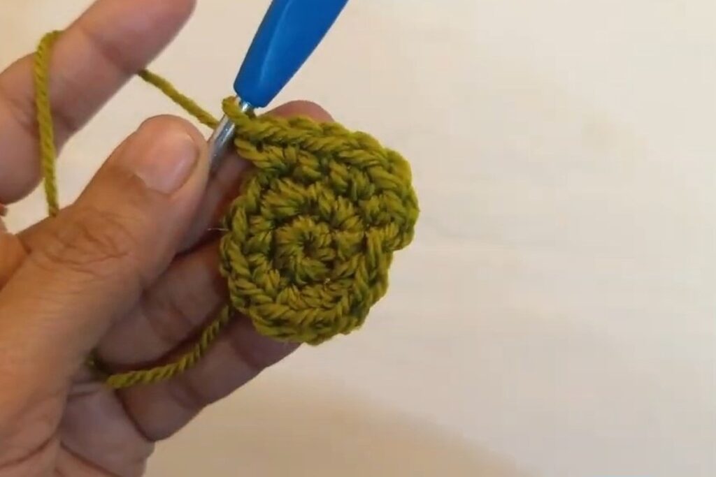 Round 3 of the easy crochet sunflower, eighteen single crochet