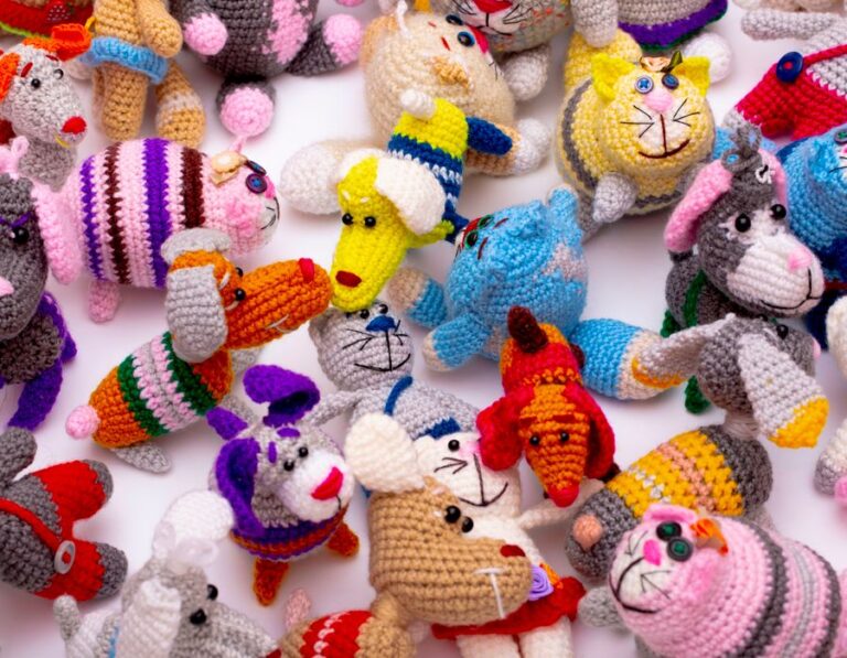Crocheted animal toys in many colours
