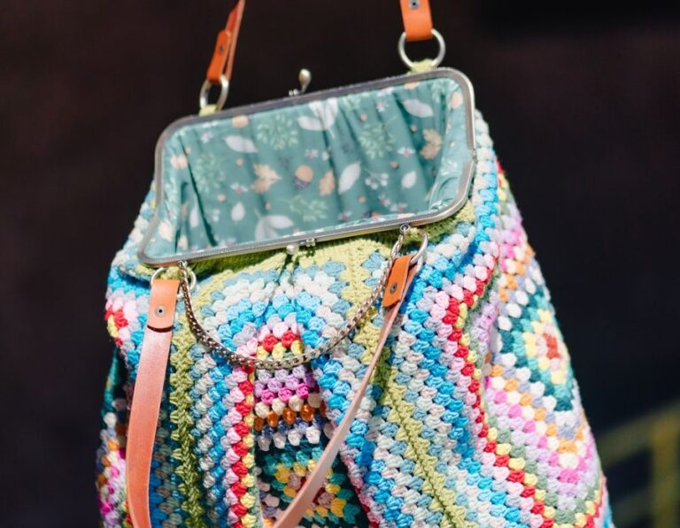 A multicoloured crochet handbag