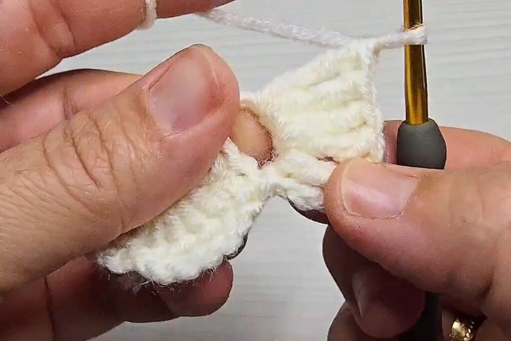 Treble crochet stitches fanning out into a petal of a layered crochet flower