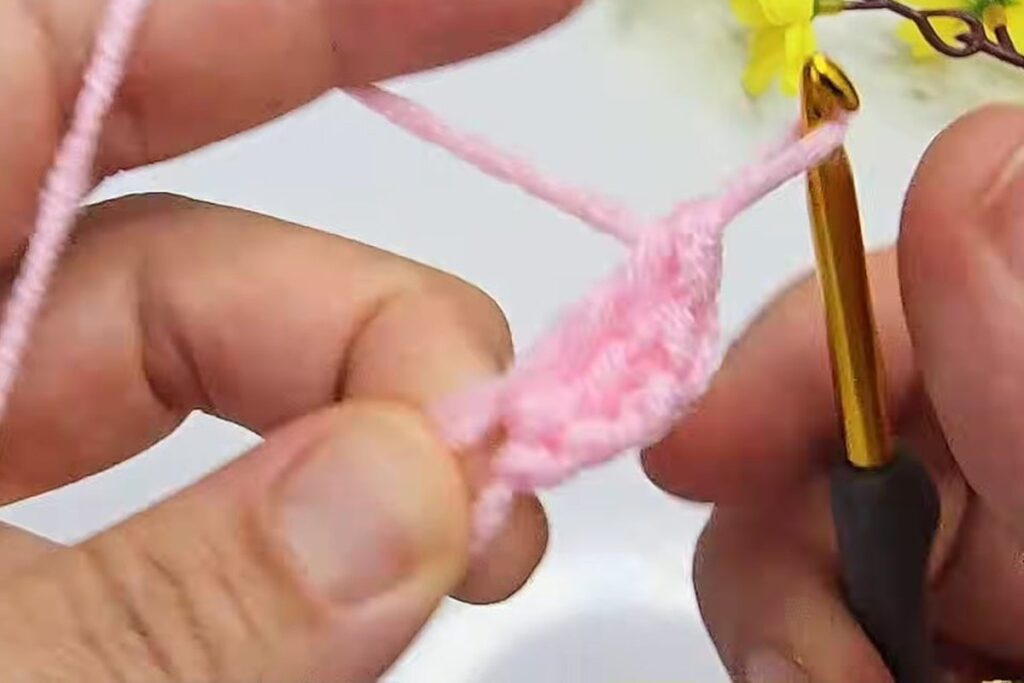 Double crochet stitches being worked into the magic ring