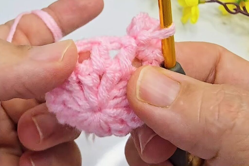 The first finished petal on the rim of the crochet cup