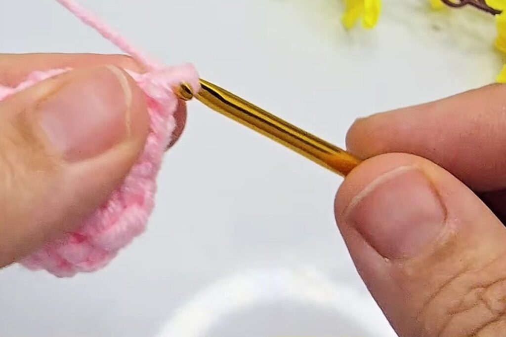Chain 2 at the start of a petal on the rim of the pink cup