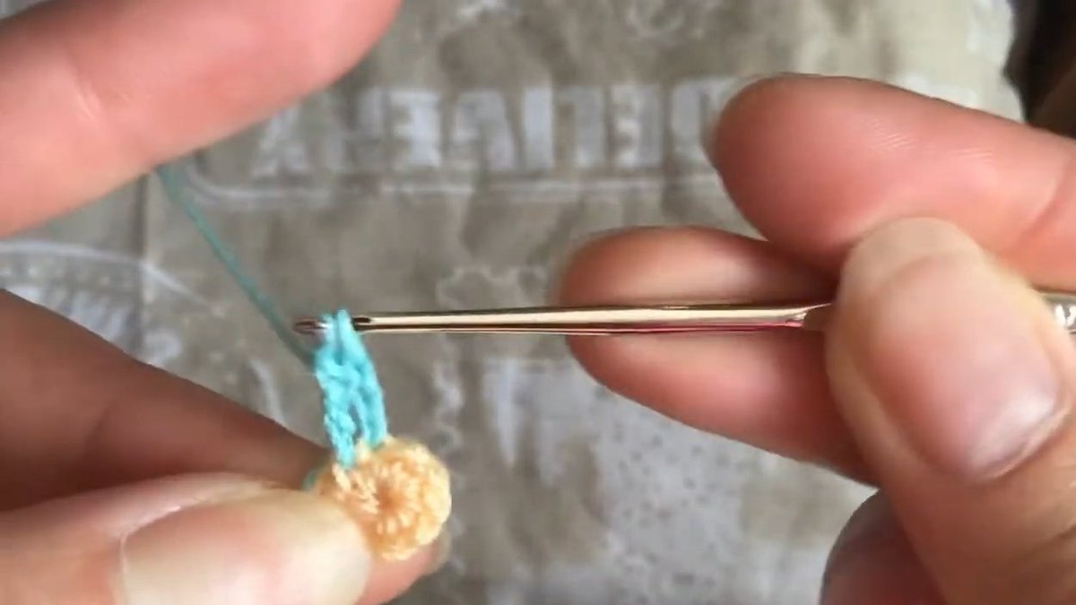First teal petal rising from the peach centre as a short row of tall stitches on the hook