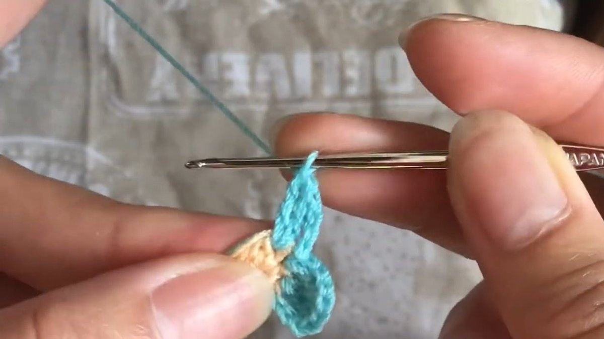 Two teal petals on opposite sides of the peach centre with the hook beside them for the crochet forget me not flower