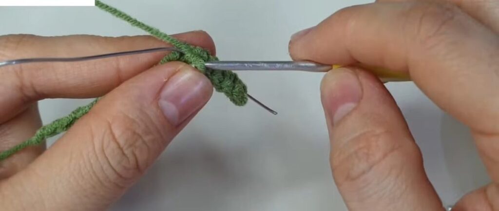 Single crochet stitches worked over wire and chain for a crochet lavender flower leaf