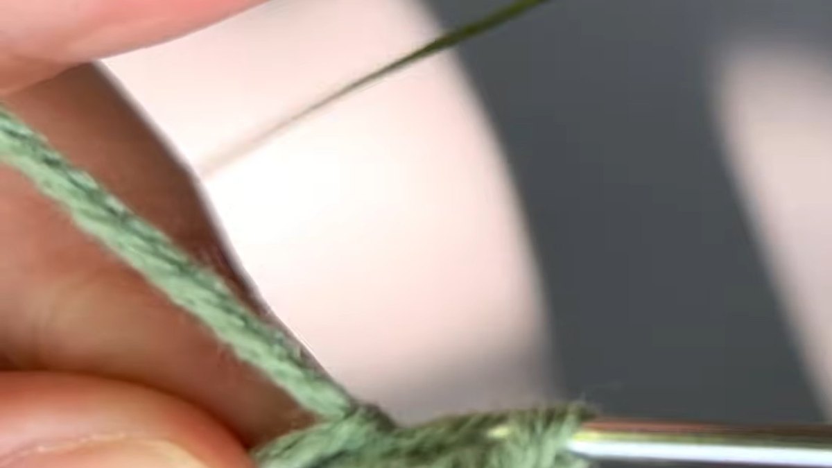 Green crochet leaf row being worked with double crochet along the chain