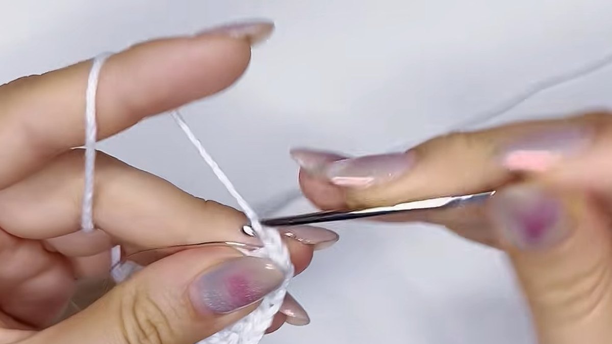 Hook making the single crochet and chain 2 tip of a large white petal with a wire beside it
