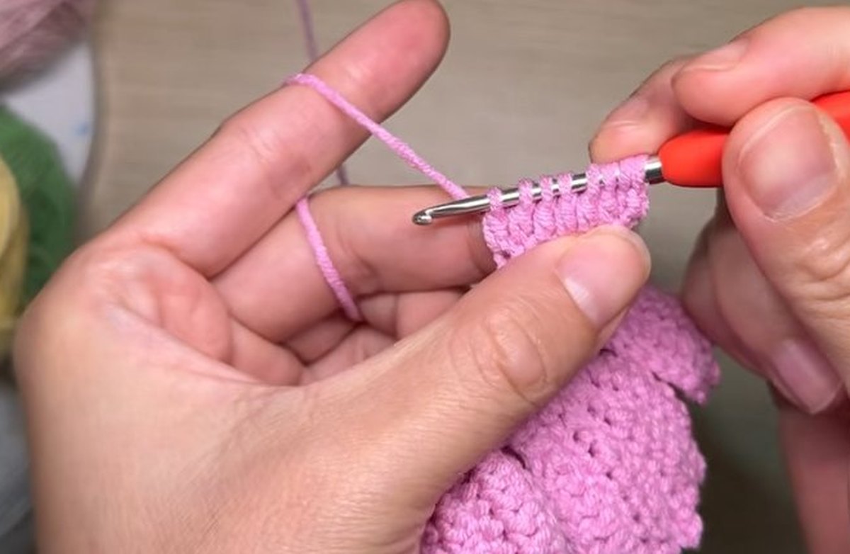Eleven chains and Afghan stitches forming the first row of a fourth-layer petal of the crochet peony flower