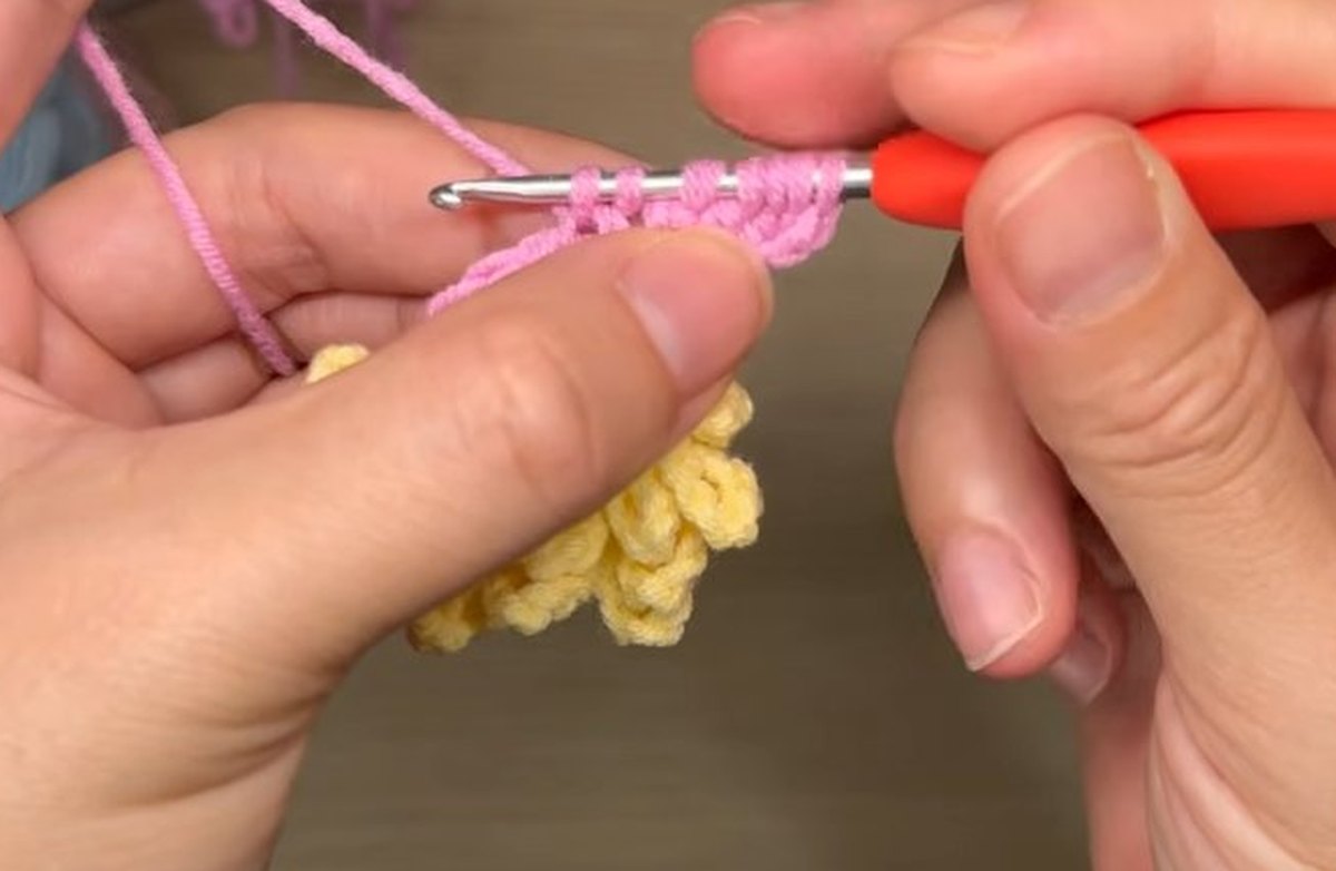 Hook holding seven loops after the Afghan stitches of the first petal of the crochet peony flower