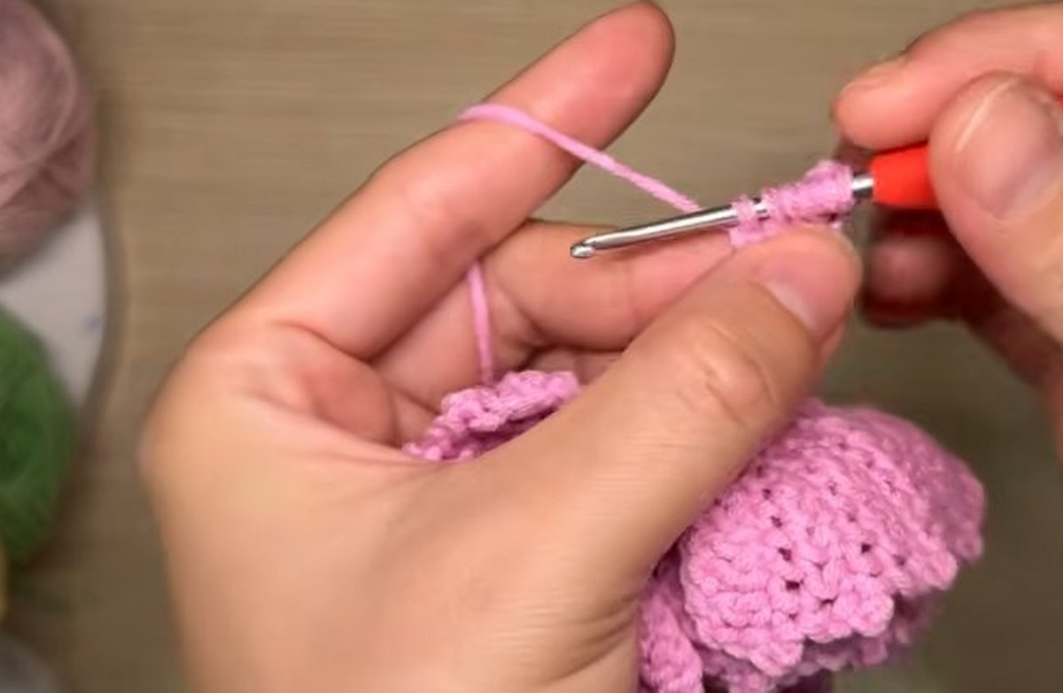 Ten chains and Afghan stitches forming the first row of a third-layer petal of the crochet peony flower